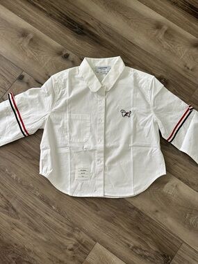 Thom Browne White Cotton Button-Down with Red & Navy Stripe Detail